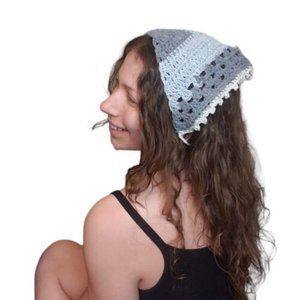 Blue Crochet Bandana HANDMADE One Size Coastal Cottagecore Triangle Cotton NEW